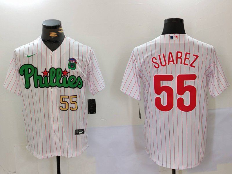 Men Philadelphia Phillies #55 Suarez White stripe Second generation Joint Name 2024 Nike MLB Jersey style 2